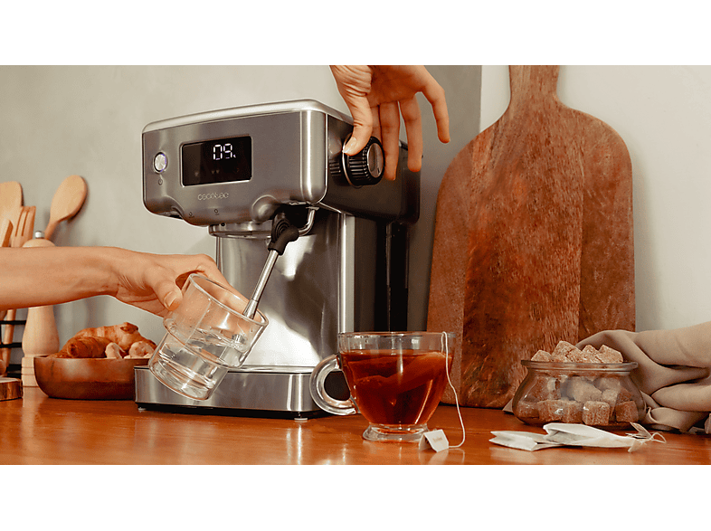 Cafetera express - Cecotec Power Espresso 20 Barista Compact, 20 bar, 1465 W, 1.8 l, 2 tazas, Pantalla digital, Compacta, Silver