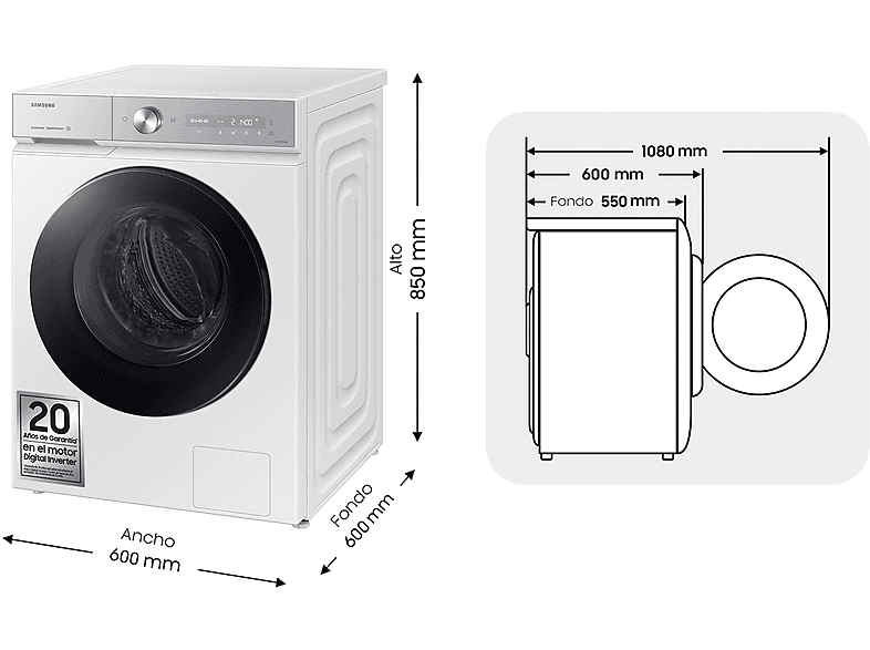Lavadora carga frontal - Samsung WW11DB8B95GHU3, 11 kg, 1400 rpm, AI EcoBubble™, Función WiFi con SmartThings, Blanco
