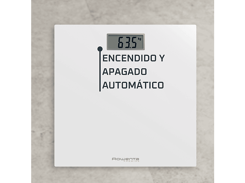 Báscula de baño - Rowenta Premiss BS1401V0, Peso máximo 150 kg, Vidrio Templado, Apagado Automático, Pantalla LCD, Diseño Extraplano, Blanco
