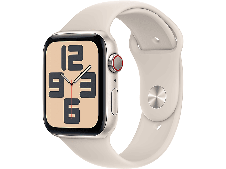 APPLE Watch SE (2023), GPS+CELL, 44 mm, Caja de aluminio blanco estrella, Vidrio delantero Ion-X, Talla M/L, Correa deportiva blanco estrella