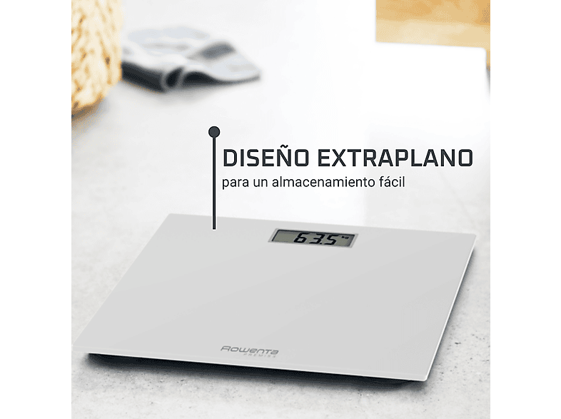 Báscula de baño - Rowenta Premiss BS1401V0, Peso máximo 150 kg, Vidrio Templado, Apagado Automático, Pantalla LCD, Diseño Extraplano, Blanco