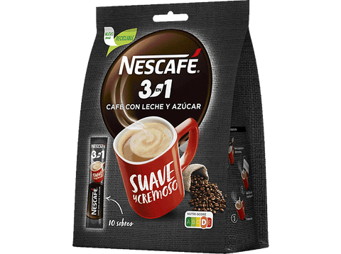 Café soluble - Nescafé 3en1, Monodosis, Arábica y Robusta, Café con leche y azúcar, Tueste medio-oscuro, 10 sobres