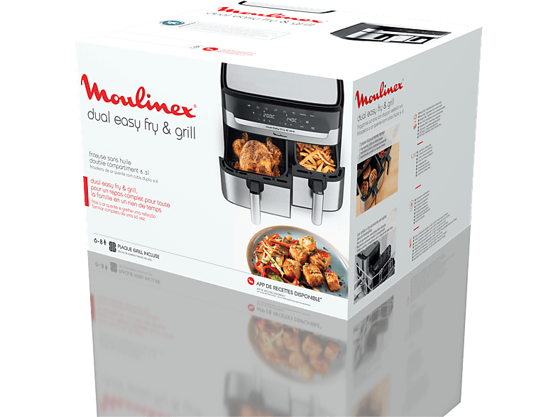 Freidora de aire - Moulinex Dual Fry & Grill EZ905D, Cocinado Dual, 2 Cubetas, 2700W, 8.3 L, 200 °C, Tecnol. Extra-Crisp, Grill, 8 Modos, Táctil, Inox