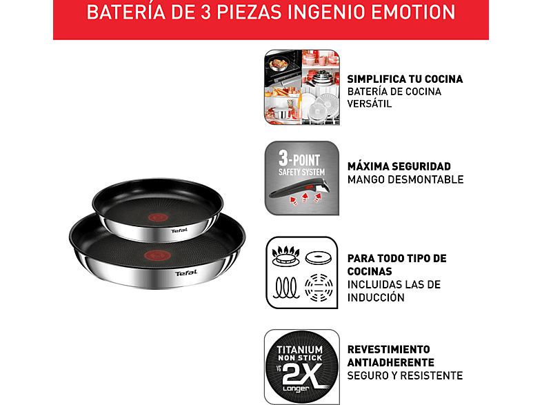 Set de sartenes - Tefal Ingenio Emotion 8973S45, 22 y 26 cm, Mango Extraíble, Revestimiento Titanio Antiadherente, Tecnol. Thermo-Signal™, Acero Inox