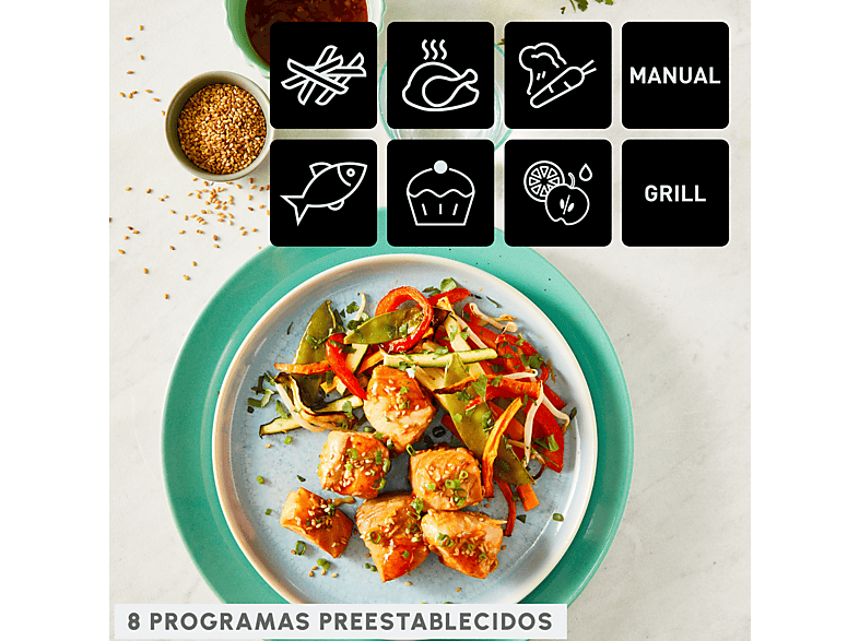 Freidora de aire - Moulinex Dual Fry & Grill EZ905D, Cocinado Dual, 2 Cubetas, 2700W, 8.3 L, 200 °C, Tecnol. Extra-Crisp, Grill, 8 Modos, Táctil, Inox