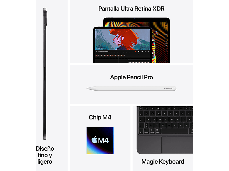 Apple iPad Pro (2024), 1 TB, Plata, 11, WiFi+CELL, Pantalla estándar, Chip M4, 10GPU