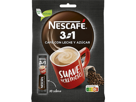Café soluble - Nescafé 3en1, Monodosis, Arábica y Robusta, Café con leche y azúcar, Tueste medio-oscuro, 10 sobres