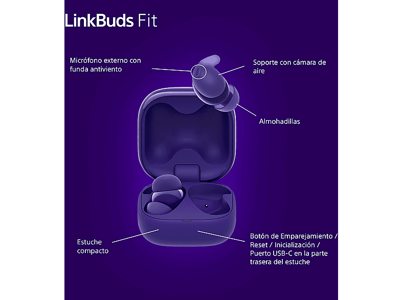 Auriculares True Wireless - Sony LinkBuds Fit, Cancelación de ruido (Noise Cancelling), Bluetooth, HiRes, 21 horas, iOS y Android, Google, IPX4,Morado