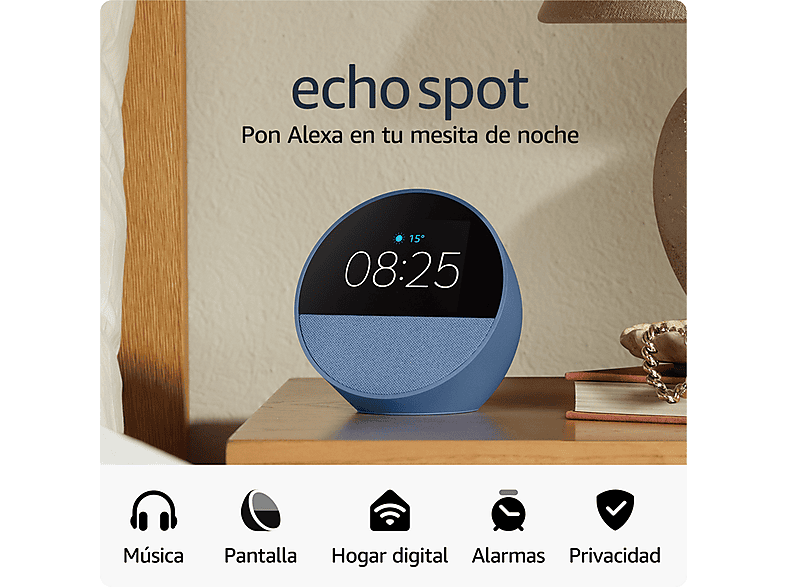 Reloj despertador inteligente - Amazon Echo Spot (modelo 2024), Sonido de calidad y Alexa, Azul