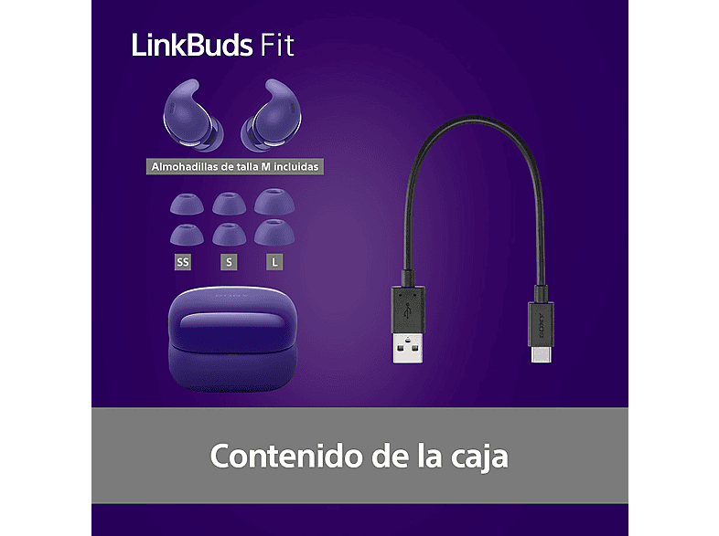 Auriculares True Wireless - Sony LinkBuds Fit, Cancelación de ruido (Noise Cancelling), Bluetooth, HiRes, 21 horas, iOS y Android, Google, IPX4,Morado