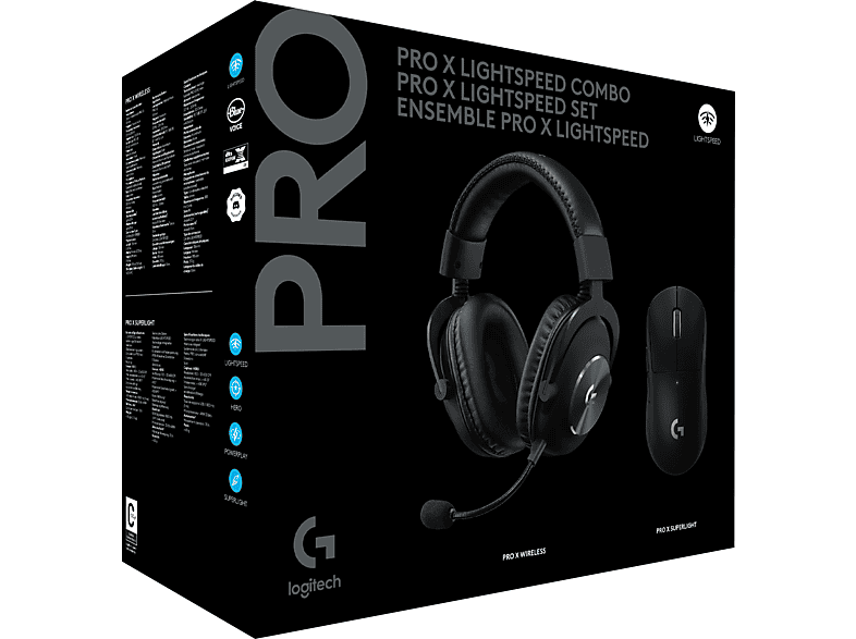 Auriculares gaming - Logitech G Pro X + Ratón gaming Pro X Superlight, Inalámbricos, Micrófono, Reducción de ruido, Hero 25K, Lightspeed, Negro