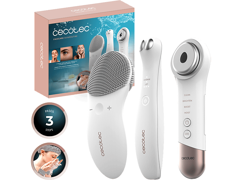 Limpiador facial - Cecotec FaceCare SkinRoutine, Dispositivo antiojeras, Masajeador facial, Kit de diadema y muñequeras, Limpiador facial, White