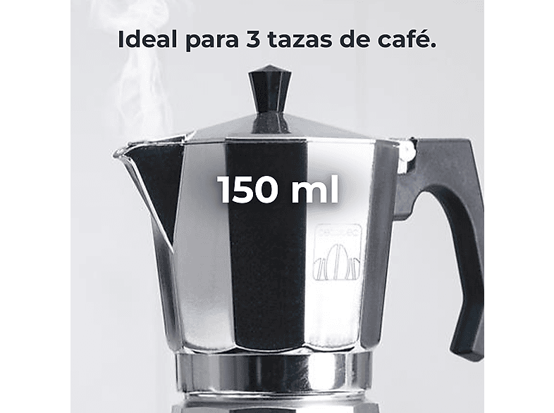 Cafetera tradicional - Cecotec Mokclassic 300 Shiny, 3 tazas, 150 ml, Aluminio fundido, Shiny