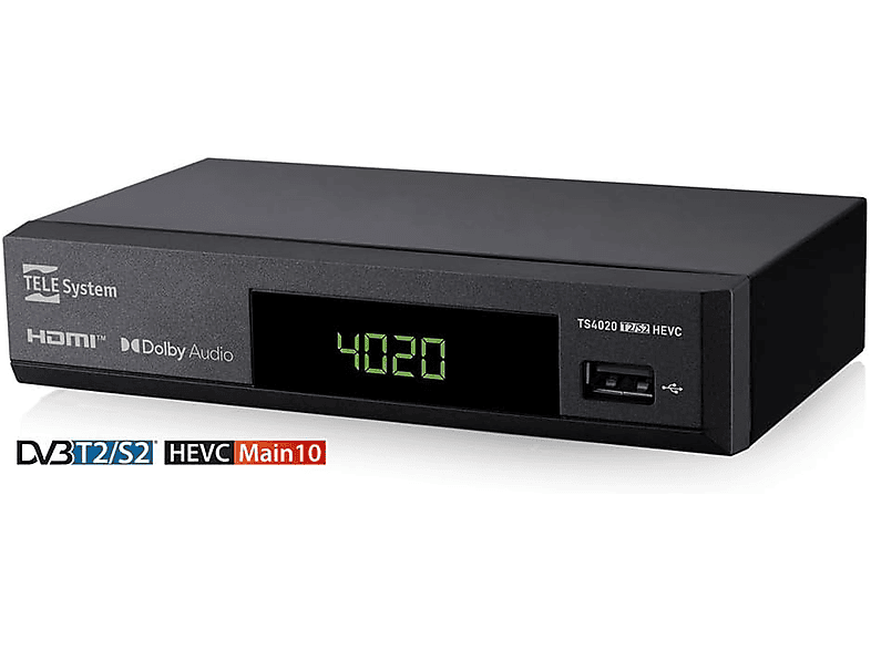 Sintonizador TDT - Tele System TS4020, DVB-T2/S2, HEVC, HD, HDR10, HLG con pantalla, Negro