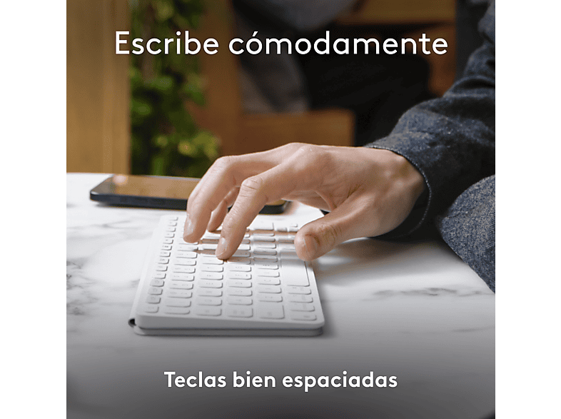 Teclado para tablet - Logitech Keys to Go 2 para iPad, Bluetooth, Accesos directos, Multidispositivo, Smart Actions, iPad, iPhone y Macbook, Blanco