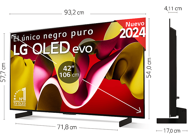 TV OLED 42 - LG OLED42C45LA, OLED 4K, Procesador Inteligente 4K α9 Gen7, Smart TV, DVB-T2 (H.265), Negro