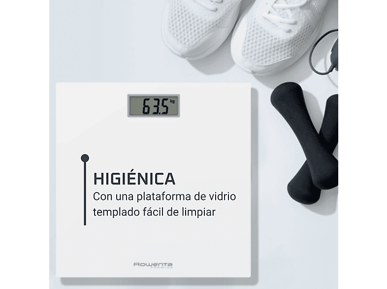 Báscula de baño - Rowenta Premiss BS1401V0, Peso máximo 150 kg, Vidrio Templado, Apagado Automático, Pantalla LCD, Diseño Extraplano, Blanco
