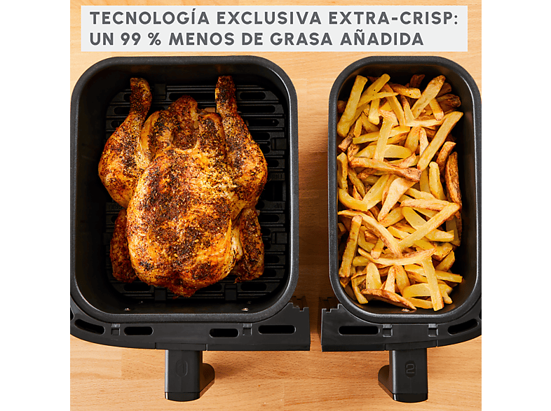 Freidora de aire - Moulinex Dual Fry & Grill EZ905D, Cocinado Dual, 2 Cubetas, 2700W, 8.3 L, 200 °C, Tecnol. Extra-Crisp, Grill, 8 Modos, Táctil, Inox