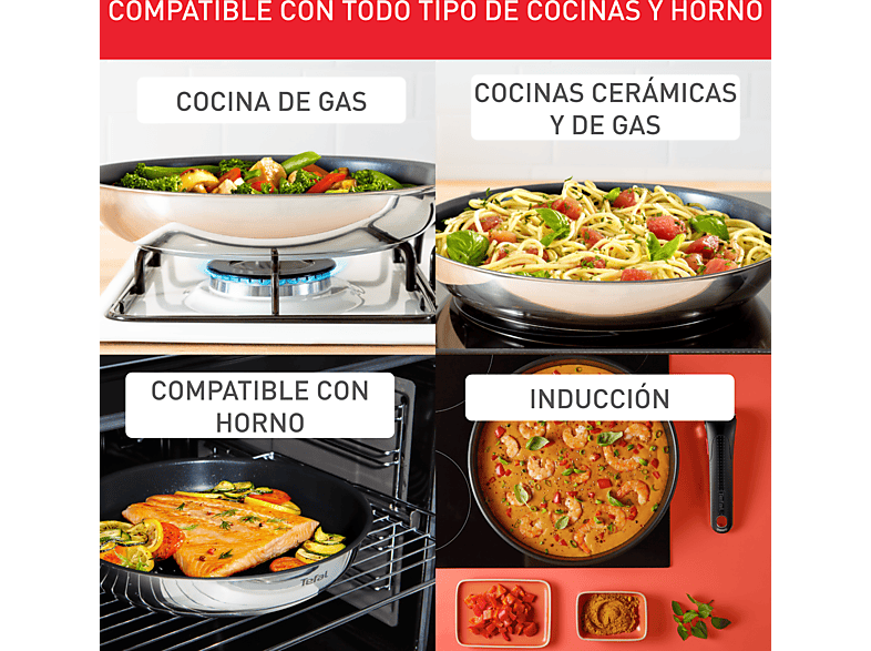 Set de sartenes - Tefal Ingenio Emotion 8973S45, 22 y 26 cm, Mango Extraíble, Revestimiento Titanio Antiadherente, Tecnol. Thermo-Signal™, Acero Inox
