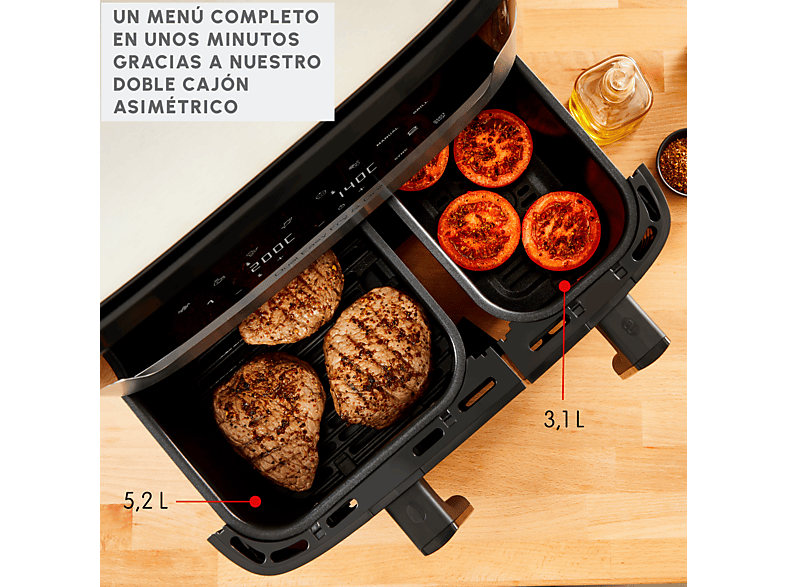 Freidora de aire - Moulinex Dual Fry & Grill EZ905D, Cocinado Dual, 2 Cubetas, 2700W, 8.3 L, 200 °C, Tecnol. Extra-Crisp, Grill, 8 Modos, Táctil, Inox