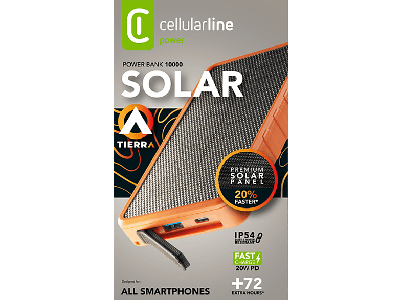 Powerbank - CellularLine PBSOLAR10000O, 10000 mAh, USB tipo C a USB tipo C, Naranja y negro