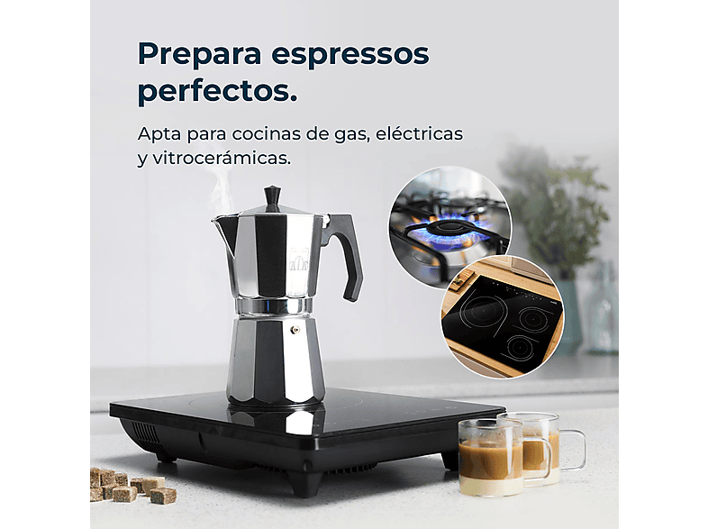 Cafetera tradicional - Cecotec Mokclassic 300 Shiny, 3 tazas, 150 ml, Aluminio fundido, Shiny