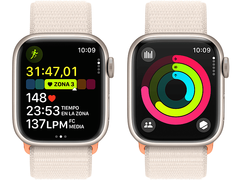 Apple Watch Series 9 (2023), GPS+CELL, 41 mm, Gesto de doble toque, Caja de aluminio blanco estrella, Correa Sport Loop blanco estrella