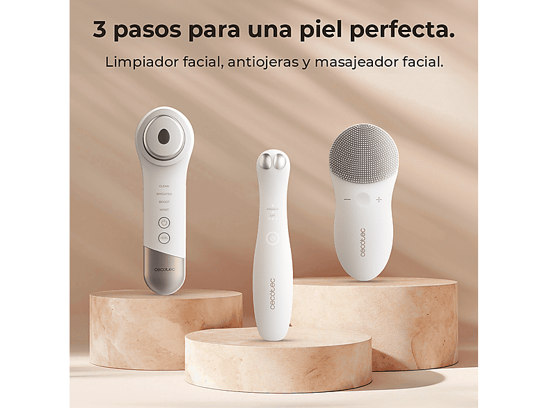 Limpiador facial - Cecotec FaceCare SkinRoutine, Dispositivo antiojeras, Masajeador facial, Kit de diadema y muñequeras, Limpiador facial, White
