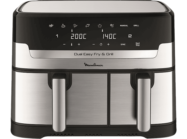 Freidora de aire - Moulinex Dual Fry & Grill EZ905D, Cocinado Dual, 2 Cubetas, 2700W, 8.3 L, 200 °C, Tecnol. Extra-Crisp, Grill, 8 Modos, Táctil, Inox