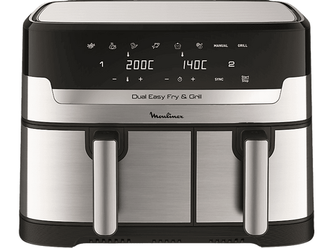 Freidora de aire - Moulinex Dual Fry & Grill EZ905D, Cocinado Dual, 2 Cubetas, 2700W, 8.3 L, 200 °C, Tecnol. Extra-Crisp, Grill, 8 Modos, Táctil, Inox