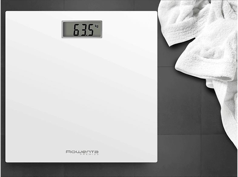 Báscula de baño - Rowenta Premiss BS1401V0, Peso máximo 150 kg, Vidrio Templado, Apagado Automático, Pantalla LCD, Diseño Extraplano, Blanco
