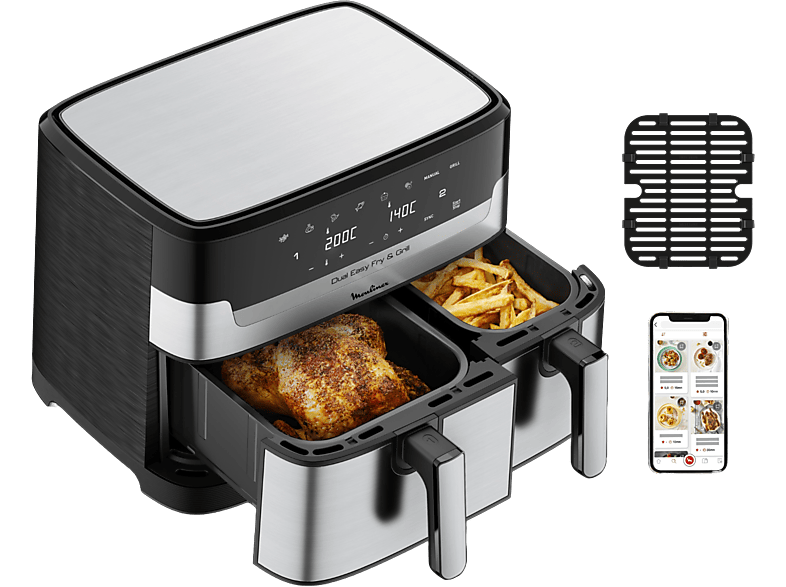 Freidora de aire - Moulinex Dual Fry & Grill EZ905D, Cocinado Dual, 2 Cubetas, 2700W, 8.3 L, 200 °C, Tecnol. Extra-Crisp, Grill, 8 Modos, Táctil, Inox