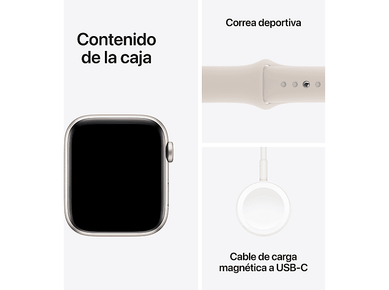 APPLE Watch SE (2023), GPS+CELL, 44 mm, Caja de aluminio blanco estrella, Vidrio delantero Ion-X, Talla M/L, Correa deportiva blanco estrella