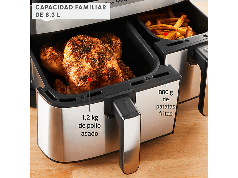 Freidora de aire - Moulinex Dual Fry & Grill EZ905D, Cocinado Dual, 2 Cubetas, 2700W, 8.3 L, 200 °C, Tecnol. Extra-Crisp, Grill, 8 Modos, Táctil, Inox