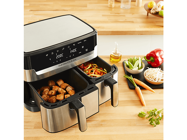Freidora de aire - Moulinex Dual Fry & Grill EZ905D, Cocinado Dual, 2 Cubetas, 2700W, 8.3 L, 200 °C, Tecnol. Extra-Crisp, Grill, 8 Modos, Táctil, Inox