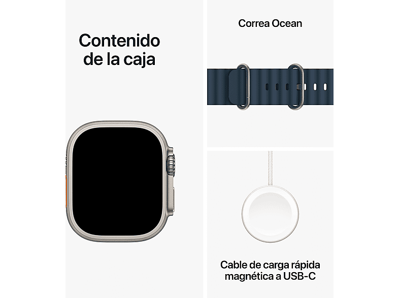 Apple Watch Ultra 2 (2023), GPS + Cellular, 49 mm, Caja de titanio, Gesto doble toque, Correa Ocean Band de color Azul