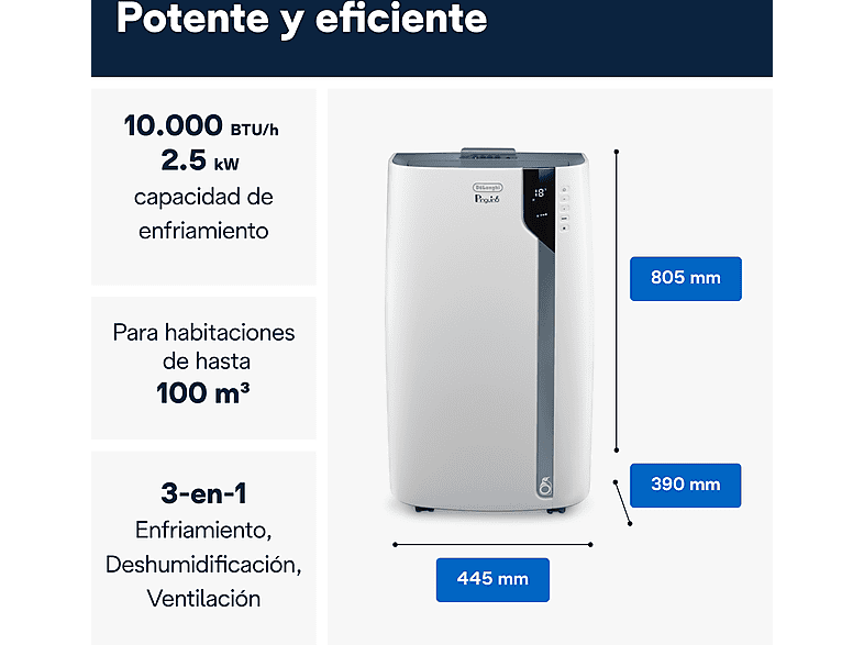 Aire acondicionado portátil - De'Longhi Pingüino PAC EX 105A+++, 2500 fg/h, 3 Velocidades, 100 m³, 63 dB(A), EcoRealFeel, Blanco