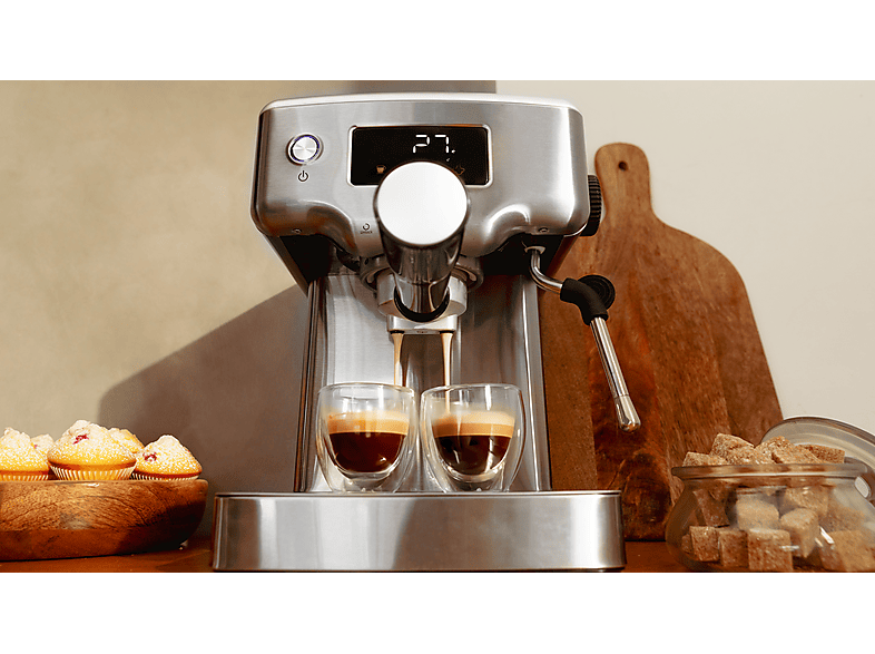 Cafetera express - Cecotec Power Espresso 20 Barista Compact, 20 bar, 1465 W, 1.8 l, 2 tazas, Pantalla digital, Compacta, Silver