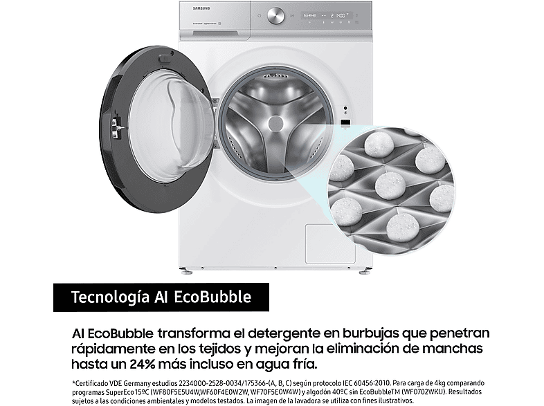Lavadora carga frontal - Samsung WW11DB8B95GHU3, 11 kg, 1400 rpm, AI EcoBubble™, Función WiFi con SmartThings, Blanco