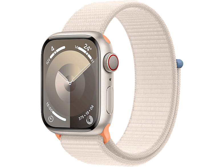 Apple Watch Series 9 (2023), GPS+CELL, 41 mm, Gesto de doble toque, Caja de aluminio blanco estrella, Correa Sport Loop blanco estrella