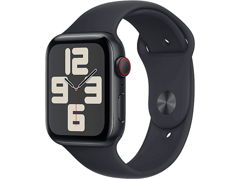 APPLE Watch SE (2023), GPS+CELL, 44 mm, Caja de aluminio medianoche, Vidrio delantero Ion-X, Talla M/L, Correa deportiva medianoche
