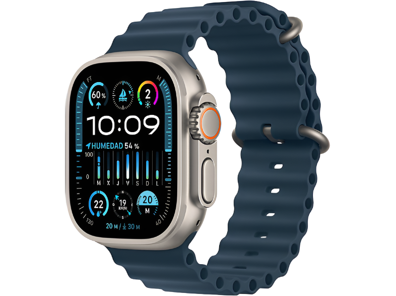 Apple Watch Ultra 2 (2023), GPS + Cellular, 49 mm, Caja de titanio, Gesto doble toque, Correa Ocean Band de color Azul