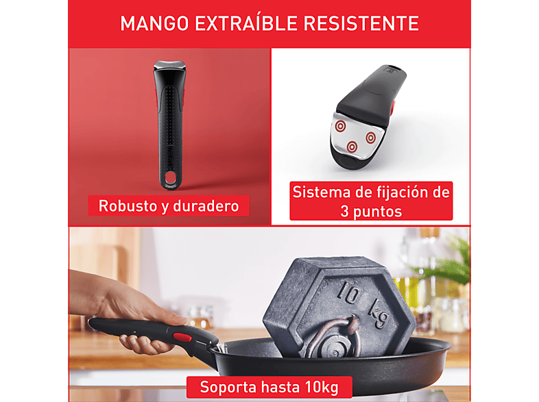 Set de sartenes - Tefal Ingenio Emotion 8973S45, 22 y 26 cm, Mango Extraíble, Revestimiento Titanio Antiadherente, Tecnol. Thermo-Signal™, Acero Inox