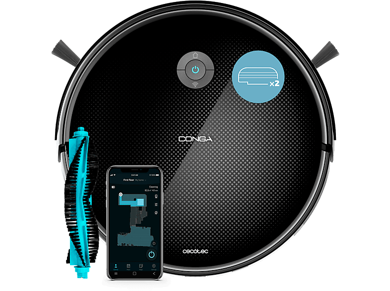 Robot friegasuelos - Cecotec Conga 2299 Inertial X-Treme, 3en1, 2100 Pa, 320ml, 160 min, 6 modos, Alfombra, Incluye base de carga, Wi-Fi, Alexa, Negro