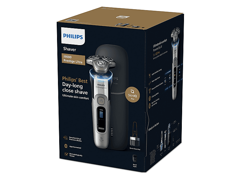 Afeitadora - Philips i9000 Prestige Ultra XP9404/46, Afeitado en seco/mojado con tecnología SkinIQ Pro, Sensor IA de presión y control, App smartphone
