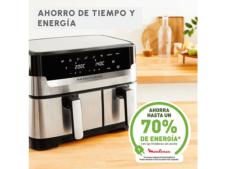 Freidora de aire - Moulinex Dual Fry & Grill EZ905D, Cocinado Dual, 2 Cubetas, 2700W, 8.3 L, 200 °C, Tecnol. Extra-Crisp, Grill, 8 Modos, Táctil, Inox