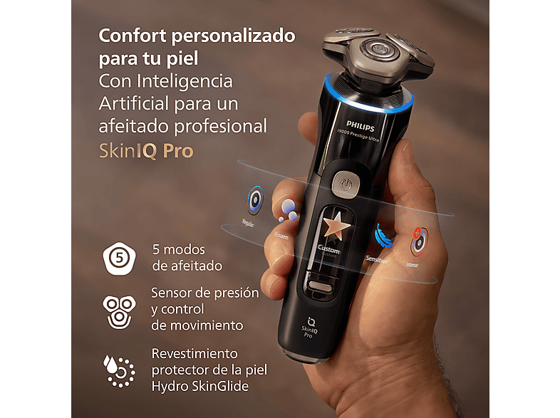 Afeitadora - Philips i9000 Prestige Ultra XP9400/31, Afeitado en seco/mojado con tecnología SkinIQ Pro, Sensor IA de presión y control, App smartphone