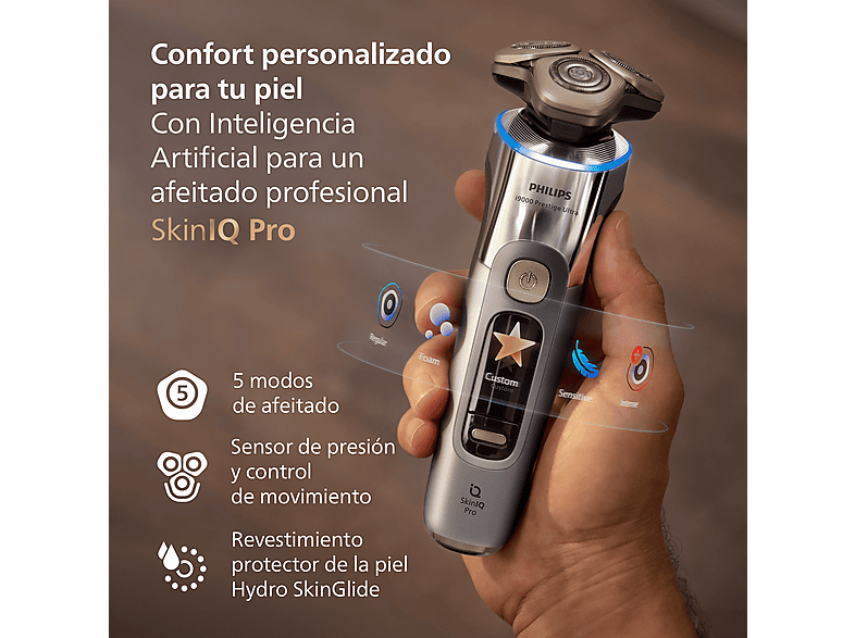 Afeitadora - Philips i9000 Prestige Ultra XP9404/46, Afeitado en seco/mojado con tecnología SkinIQ Pro, Sensor IA de presión y control, App smartphone