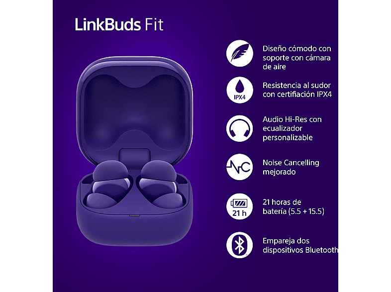 Auriculares True Wireless - Sony LinkBuds Fit, Cancelación de ruido (Noise Cancelling), Bluetooth, HiRes, 21 horas, iOS y Android, Google, IPX4,Morado