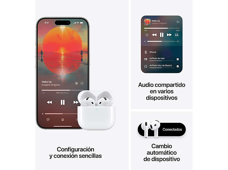 Apple AirPods 4 (2024 4ª gen), Inalámbricos, Bluetooth®, Estuche de carga inalámbrico, Chip H2, Siri, USB-C, Blanco